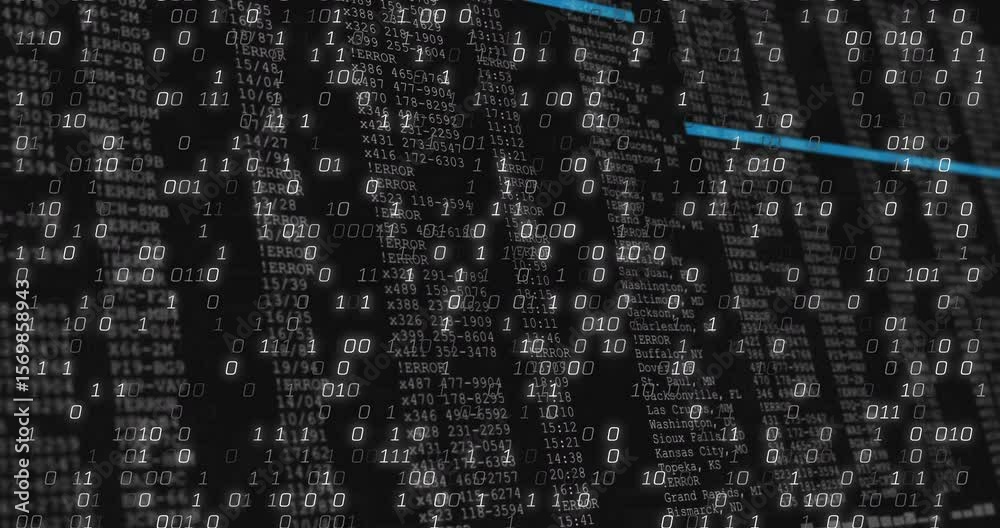 Poster dark screen releasing binary digits, unveiling code columns and scanning blue bars visualizing data