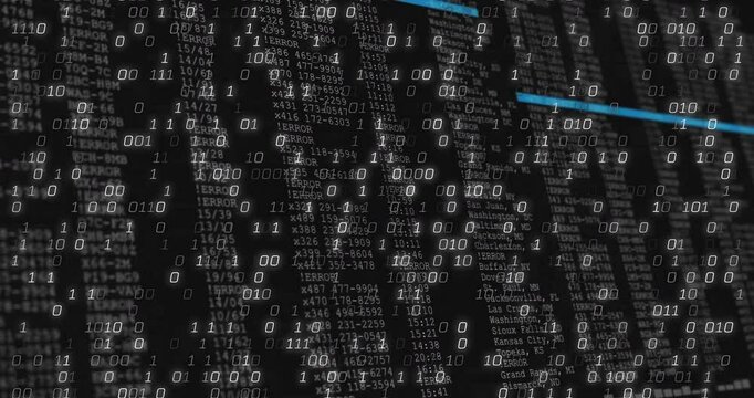 Dark screen releasing binary digits, unveiling code columns and scanning blue bars visualizing data