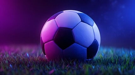 Fototapeta premium Neon soccer ball on a night field. A vibrant soccer ball, bathed in vibrant neon pink and blue light, rests on a field of grass at night.