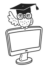 Vector minimal line art isolated illustration of an owl in graduation cap sitting on a computer screen in black and white.