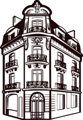 Fototapeta premium Elegant historic city building with ornate balconies and arched windows, vintage engraved illustration