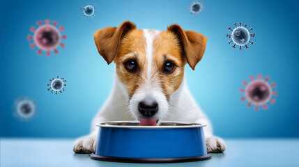 Dog Happily Enjoying Meal From Bowl in Healthy Environment With Floating Illustrations of Germs