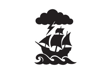 Ship in storm silhouette vector art illustration on white background
