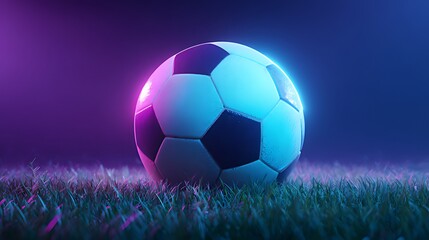 Fototapeta premium Neon soccer ball on a night field. A vibrant soccer ball, bathed in vibrant neon pink and blue light, rests on a field of grass at night.
