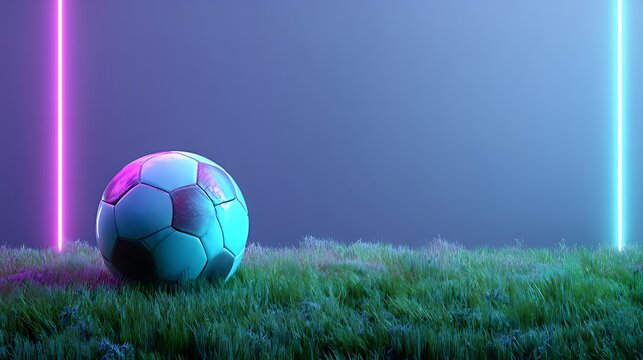 Neon soccer ball on a night field. A vibrant soccer ball, bathed in vibrant neon pink and blue light, rests on a field of grass at night.