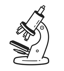 Vector minimal line art isolated illustration of a scientific microscope in black and white.