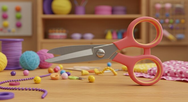 Scissors beads and yarn on a wooden table