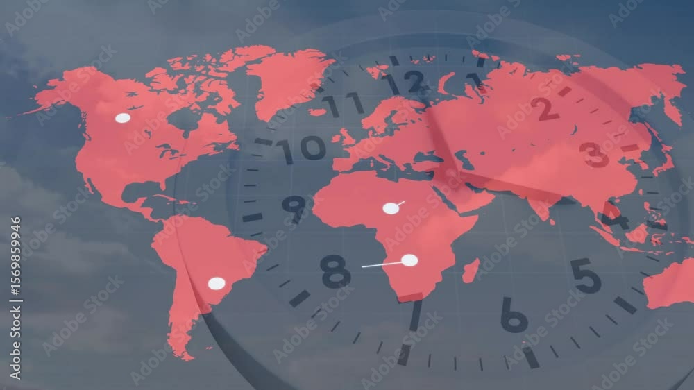 Poster opening showing clock and red world map animating markers sweeping hands showing global network