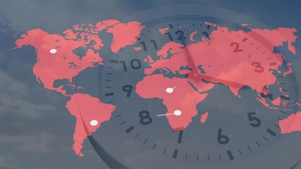 Opening showing clock and red world map animating markers sweeping hands showing global network - Powered by Adobe