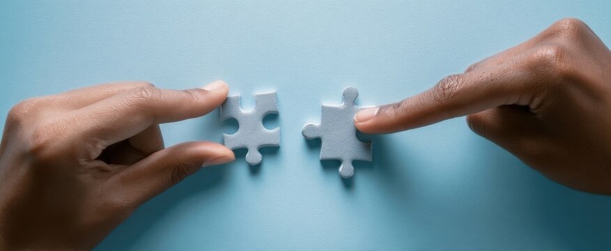 The hands connecting two puzzle pieces on a blue background. - Powered by Adobe