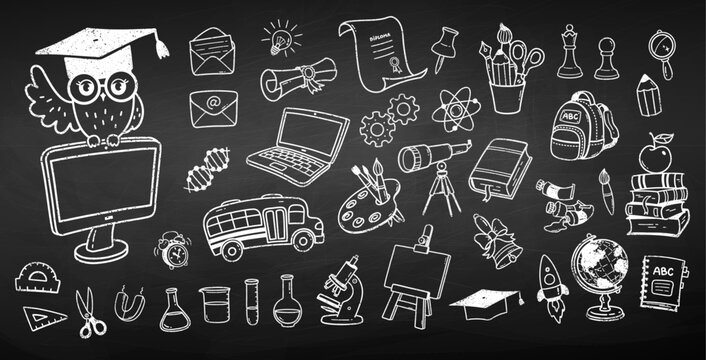 Vector illustration of school and science icons drawn in chalk on blackboard. Hand drawn grunge style collection.