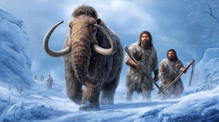 Family Hunts a Mammoth in a Snowy Landscape During Prehistoric Times