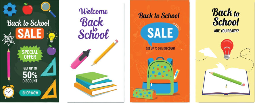 Back to school sale posters and banners for advertising and marketing promotion campaign design template