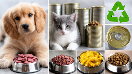 Variety of Pet Food Products Displayed in Cans and Bags With Dog and Cat Enjoying Nutritious Meals at Home