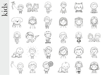 Collection of cute kids illustrations in various playful poses and activities in a simple line drawing style copy space