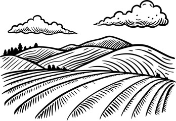 Engraved landscape of rolling farmland hills with plowed fields and distant tree line under cloudy sky illustration