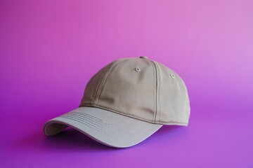 Beige baseball cap on a vibrant purple backdrop.