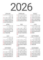 2026 calendar in German on white background with black and red typography, organized structure from Sunday to Saturday. Yearly planner