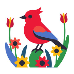 Illustration of a red cardinal bird perched among vibrant flowers - Nature themed art with colorful foliage - Cute bird illustration for spring season designs