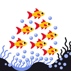 Naklejka premium Cute Cartoon Fish Illustration-School of Red and Gold Fish with Bubbles-Playful Aquatic Life Graphic-Ideal for Kids or Decorative Art Projects