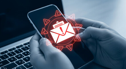 Smartphone displaying warning alert email, held in hands over laptop keyboard, symbolizing cyber security risk or phishing threat