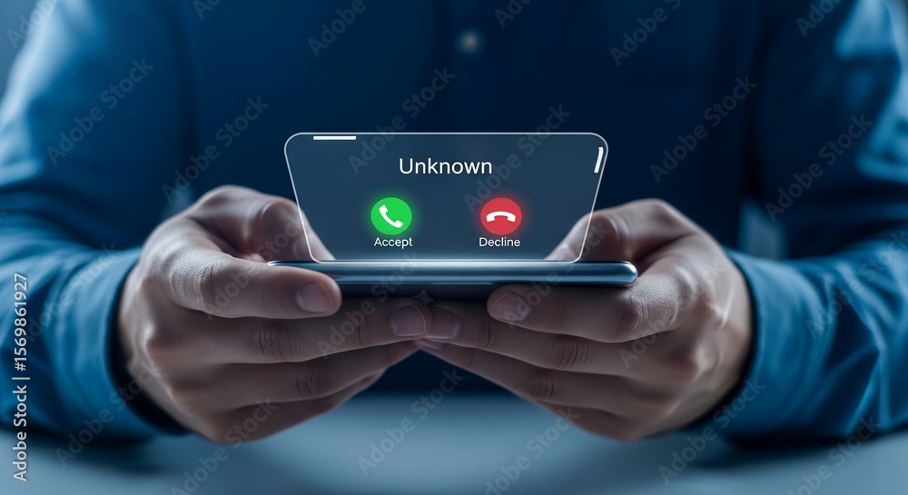 Poster hands hold phone displaying incoming call from unknown number, accept or decline options shown. illu