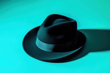 Dark fedora hat on a bright teal background.
