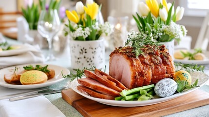 Celebrate Easter with a delightful dinner table adorned with flowers and a centerpiece of ham.