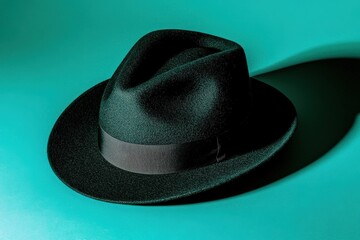 Dark fedora hat on a teal background.