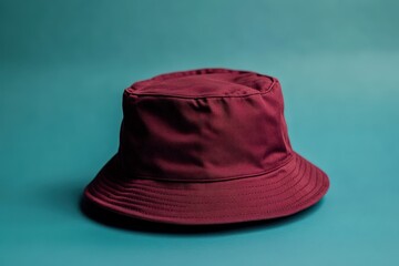 Burgundy bucket hat on a teal background.