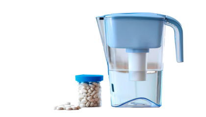 A blue water filter jug ​​filled with clean water, with a jar containing granules for a replaceable filter next to it. This image symbolizes concern for health, clean water, and the convenience of usi