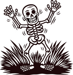 dancing skeleton with raised arms in grass black and white illustration halloween spooky character