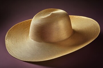 A gold-colored straw hat with a wide brim.