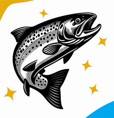Black and White Illustration of a Jumping Salmon