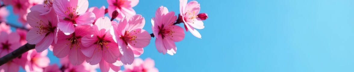 Fototapeta premium Heavy pink cherry blossoms, clear blue sky, full bloom, vibrant, full bloom, background