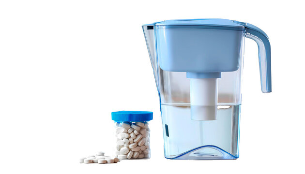 A blue water filter jug ​​filled with clean water, with a jar containing granules for a replaceable filter next to it. This image symbolizes concern for health, clean water, and the convenience of usi