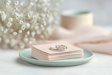 Delicate wedding rings rest on a stack of cards.
