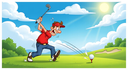 Cartoon golfer in action, swinging hard on a sunny golf course.