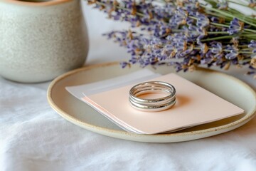 Delicate stacking ring on a light peach card.