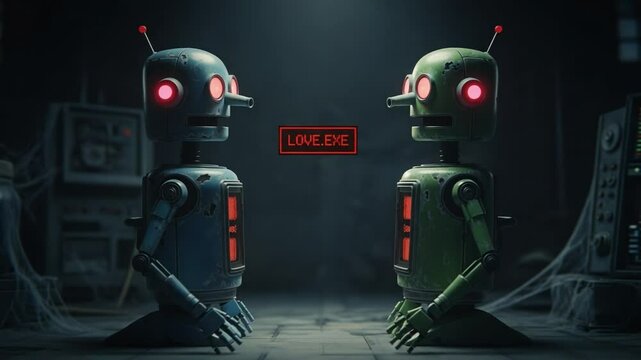 Robots Express Affection With Love Executable in a Dimly Lit Workshop