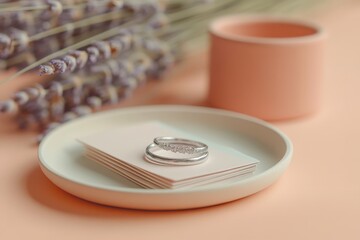 Delicate wedding rings nestled on a light plate.
