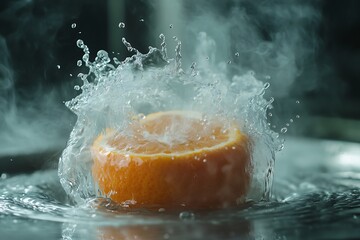 Navel orange spinning into water, citrus mist and splash frozen mid-action 