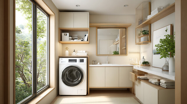 A small and clean laundry room with beige cabinets, white walls, windows, and an empty wooden shelf on the wall above the washing machine. There is also one large mirror hanging in front of it