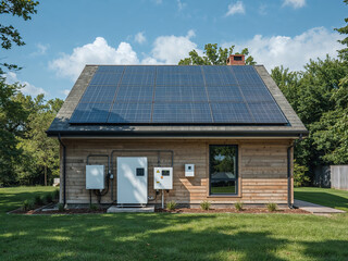 Modern Energy-Efficient Home with Solar Panels and Advanced Energy Storage