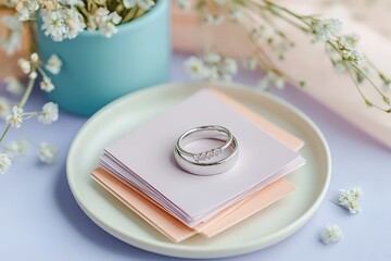 Delicate wedding rings rest on pastel notes.