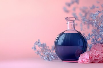 Elegant glass bottle with a deep blue liquid, surrounded by delicate pastel flowers.
