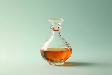 Ornate glass decanter filled with amber liquid against a mint green backdrop.