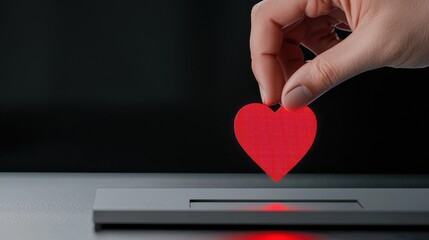 A hand holding a red heart shaped cutout hovering over a dark gray ballot box representing the act of voting and civic engagement to make a positive social impact