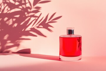 A vibrant, red perfume bottle sits against a soft pink backdrop, highlighted by a tropical leaf shadow.