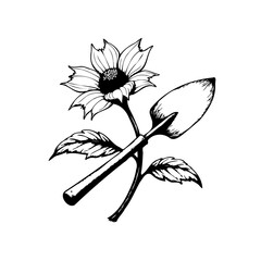Illustration of a sunflower and trowel tool representing gardening or farming concept isolated on a white background